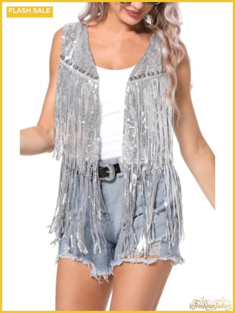 Sequined Fringe Vest Sleeveless Open Front Sparkly Party Jacket